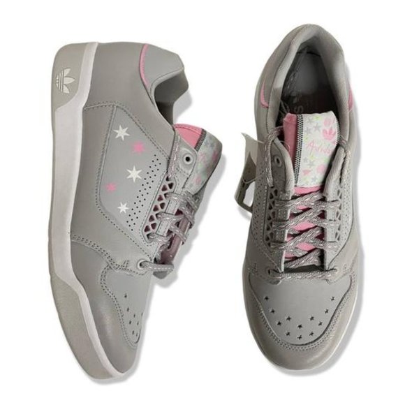 adidas Shoes - Adidas SLAMCOURT Sneakers Leather Grey Pink White Lace Up Perforated Stars 9